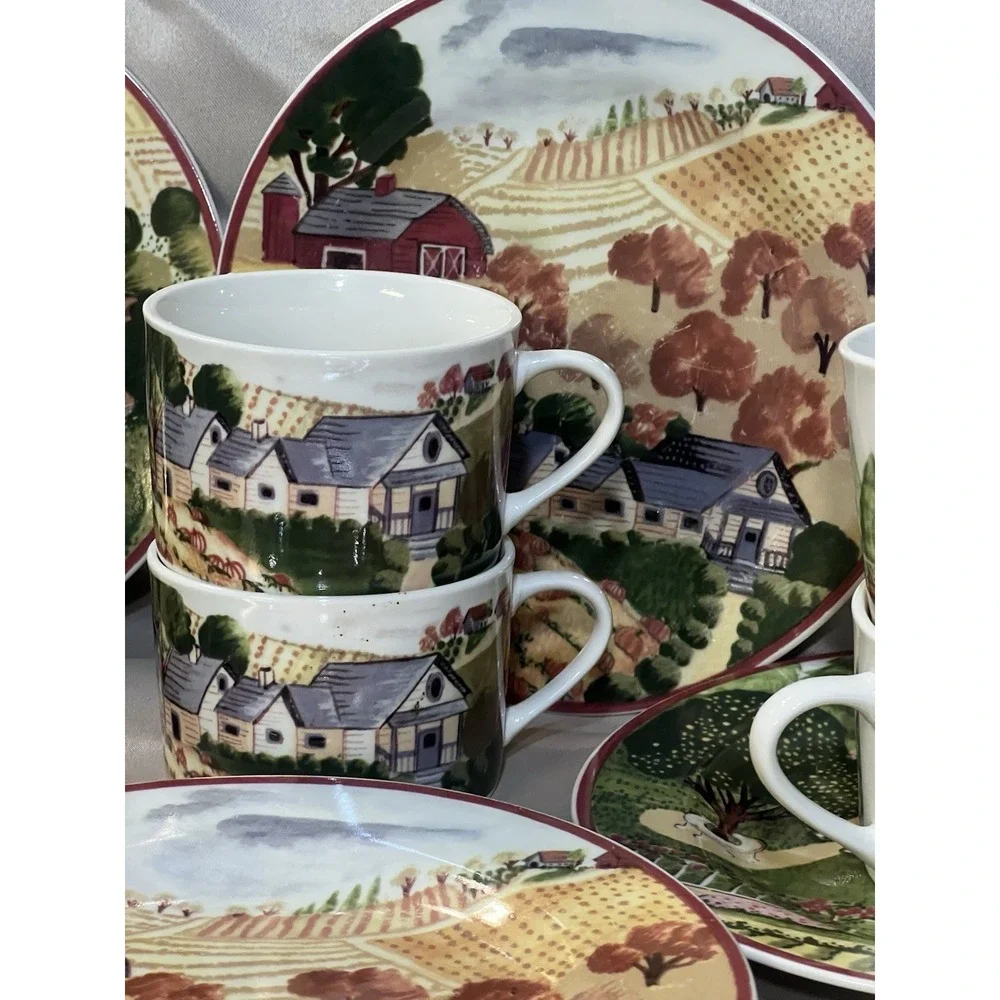 16 PC GIBSON 2 SALAD PLATES AND 2 CUPS. FARM SCENE 4 DESIGNS (2319)‎